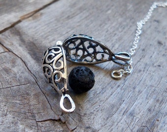 Essential Oil Aromatherapy Diffuser Necklace - Silver Filigree Necklace - Lava Stone Diffuser Necklace -  Locket Necklace