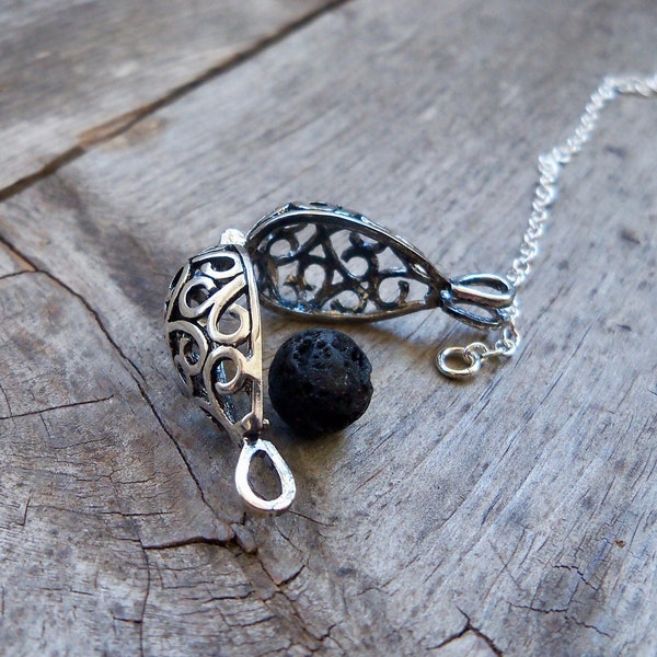 Essential Oil Aromatherapy Diffuser Necklace - Silver Filigree Necklace - Lava Stone Diffuser Necklace -  Locket Necklace