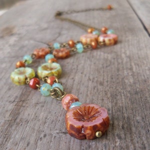 Handmade Beaded Necklace - Floral Czech Bead Necklace - Boho Beaded Necklace - Coral Pink and Mint Series
