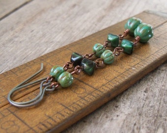 Long Green Beaded Earrings with Hypoallergenic Titanium - Copper and Titanium Earrings - Boho Style Earrings - Cream and DkGreen Series18