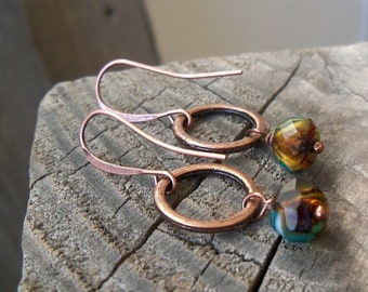 Boho Copper Dangle Earrings - Women's Jewelry - Czech Glass Bead Earrings - Earthy Boho Earrings - Brown, White, and Aqua Blue Earrings
