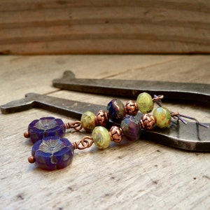 Boho Earrings - Green Earrings - Purple Flower Earrings - Pure Titanium Earrings - Hypoallergenic Earrings