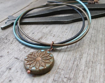 Leather Choker - Boho Necklace - Blue Bronze Series - Pendant Necklace - Gift for Daughter