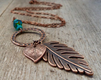 Capri Blue Copper Necklace - Leaf Necklace - Autumn Necklace - Fall Jewelry - Long Leaf Necklace -  Gift for Her