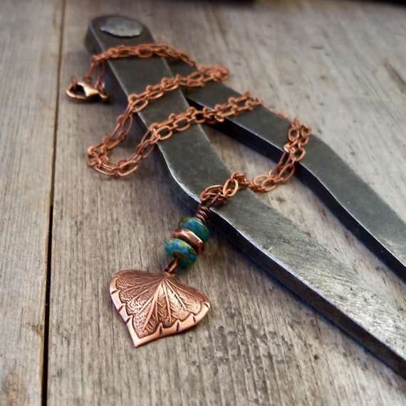 Copper Leaf Necklace Delicate Necklace Copper Necklace Bead Jewelry Gift  for Wife Aqua Copper Series 