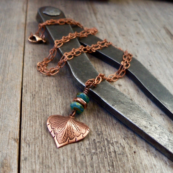 Copper Leaf Necklace - Delicate Necklace - Copper Necklace - Bead Jewelry - Gift for Wife - Aqua Copper Series