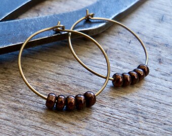 Hypoallergenic Pure Titanium Hoop Earrings - Bronze Bead Hoop Earrings - Gift for Her