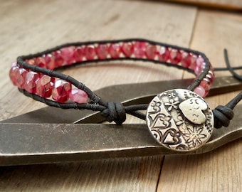 Wrap Bracelet - Leather Wrap Bracelet - Boho Beaded Bracelet - Pink Bracelet - Valentine Gift for Her - Pewter and Pink Series