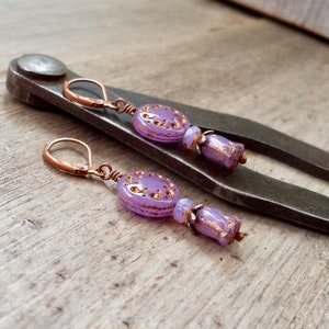 Boho Earrings - Boho Jewelry - Copper Earrings - Purple Flower Earrings - Copper Dangle Earrings