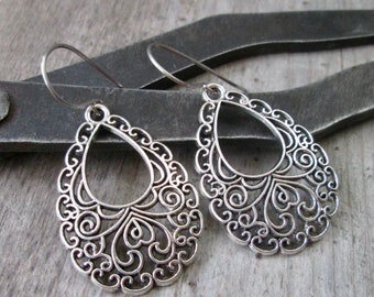 Hypoallergenic Titanium Earrings - Silver Filigree Teardrop Earrings - Mothers Day Gift