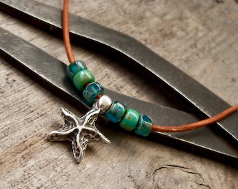 Boho Necklace - Leather Choker - Starfish Necklace - Beach Jewelry - Gift for Friend