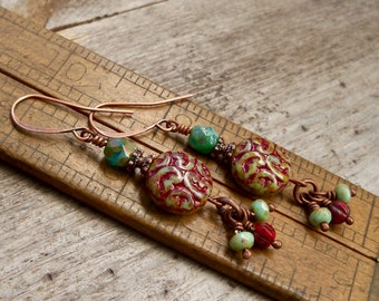 Long Dangle Earrings - Copper Earrings - Bohemian Earrings - Red Earrings -  Timeless Autumn Series