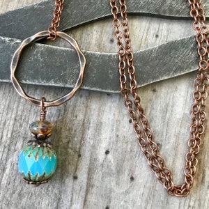 Bead Pendant Necklace - Blue Necklace - Copper necklace - Boho Necklace - Gift for Her
