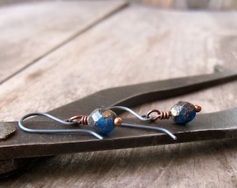 Earrings for Little Girls - Short Dangle Earrings - Copper Jewelry - Petite Beaded Earrings - Pure Titanium Earrings - Burnished Blue Series