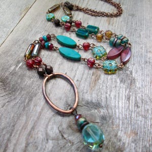 Long Copper Pendant Necklace with Czech Beads - Earthy Boho Turquoise, Bronze & Raspberry Collection