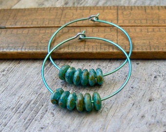Titanium Hoop Earrings with Teal Beads - Hypoallergenic Blue Turquoise Series Gift for Her