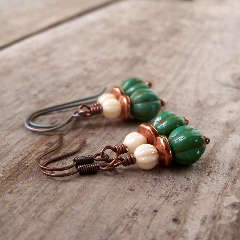 Green Dangle Earrings Gift for Her Copper Earrings Titanium Earrings Short Earrings Boho Earrings Cream and DkGreen Series18 image 2