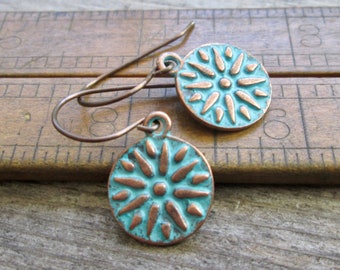 Hypoallergenic Pure Titanium Copper Medallion Earrings - Turquoise Patina Boho Gift for Woman