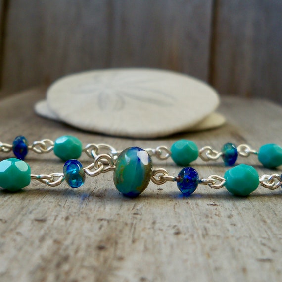 Delicate Blue and Turquoise Czech Bead Bracelet Boho Beaded | Etsy