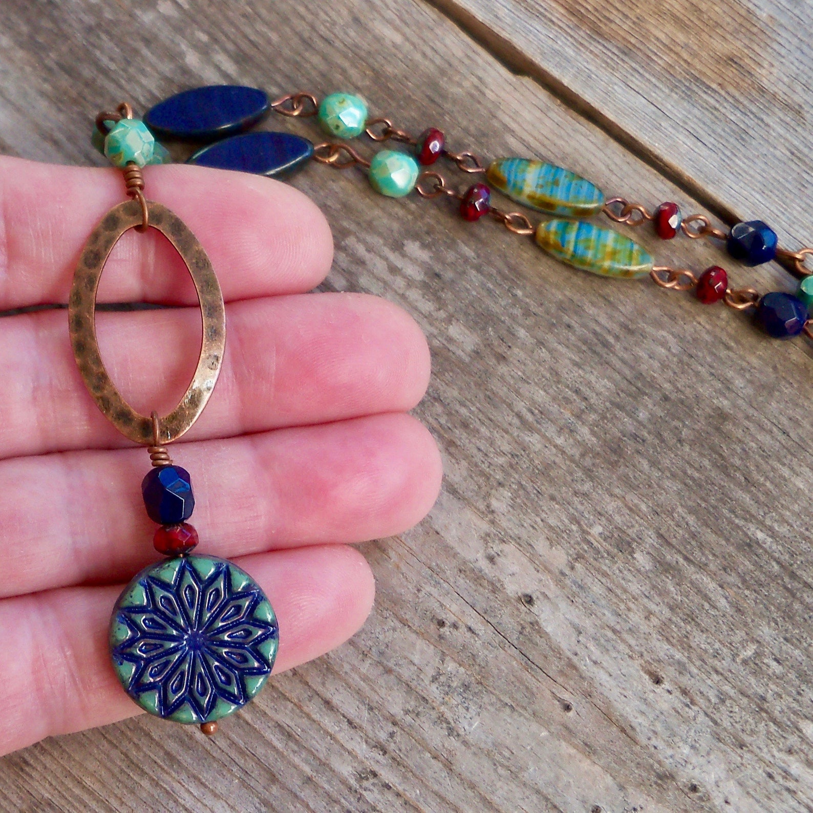 Boho Necklace Navy Blue Necklace Copper Jewelry Beaded Etsy