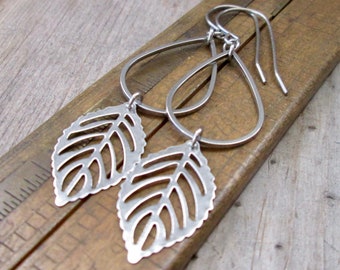 Stainless Steel Dangle Earrings - Hypoallergenic Earrings - Leaf Earrings -  Gift for Mom