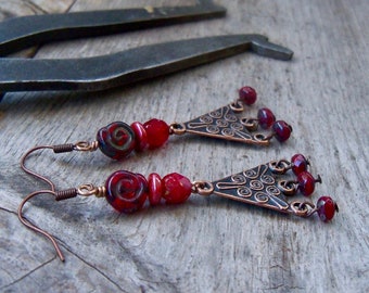 Red Dangle Earrings - Czech Bead Earrings - Copper Earrings - Gift for Wife