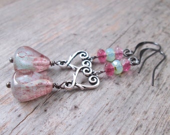 Hypoallergenic Pink Heart Titanium Earrings - Lightweight Dangle Gift for Sensitive Ears, Boho Style
