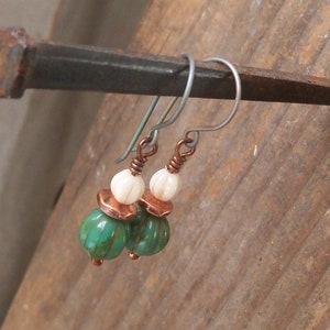 Green Dangle Earrings Gift for Her Copper Earrings Titanium Earrings Short Earrings Boho Earrings Cream and DkGreen Series18 image 1