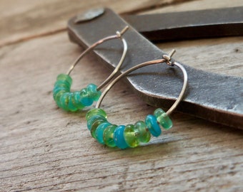 Titanium Hoop Earrings - Hypoallergenic Hoop Earrings for Sensitive Ears - Blue and Green Beaded Hoop Earrings - Gift for Mom