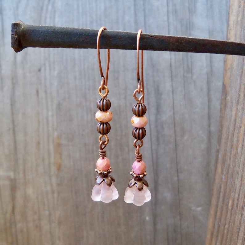 Boho Dangle Earrings Pink Earrings Copper Jewelry Bell Etsy