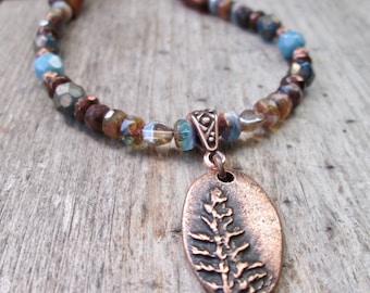 Beaded Necklace with Copper Pendant - Tree Necklace - Boho Jewelry - Boho Necklace - Blue and Brown Necklace - Burnished Blue Series18