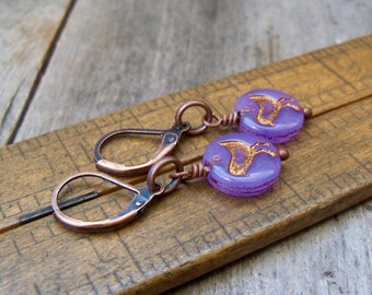 Purple Bird Earrings - Copper Dangle Earrings - Boho Earrings - Easter Gift