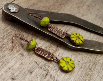 Boho Earrings - Copper Jewelry - Chartreuse Green Earrings - Beaded Jewelry