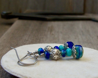 Beaded Earrings with Pure Titanium Ear Wire - Boho Style Dangle Earrings - Sapphire, Cobalt Blue and Turquoise Series