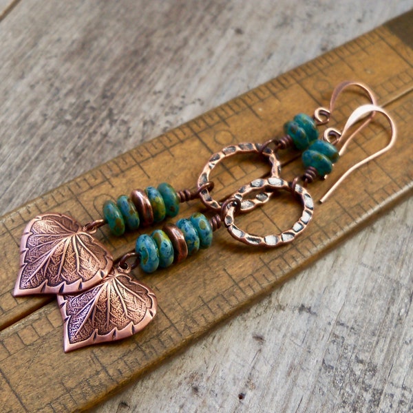 Long Copper Earrings - Rustic Earrings - Boho Earrings - Gift for Wife - Aqua Copper Series