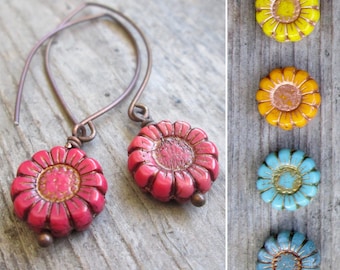 Hypoallergenic Titanium Earrings - Minimalist Bead Earrings - Coral Red Sunflower Earrings -  Gift for Her