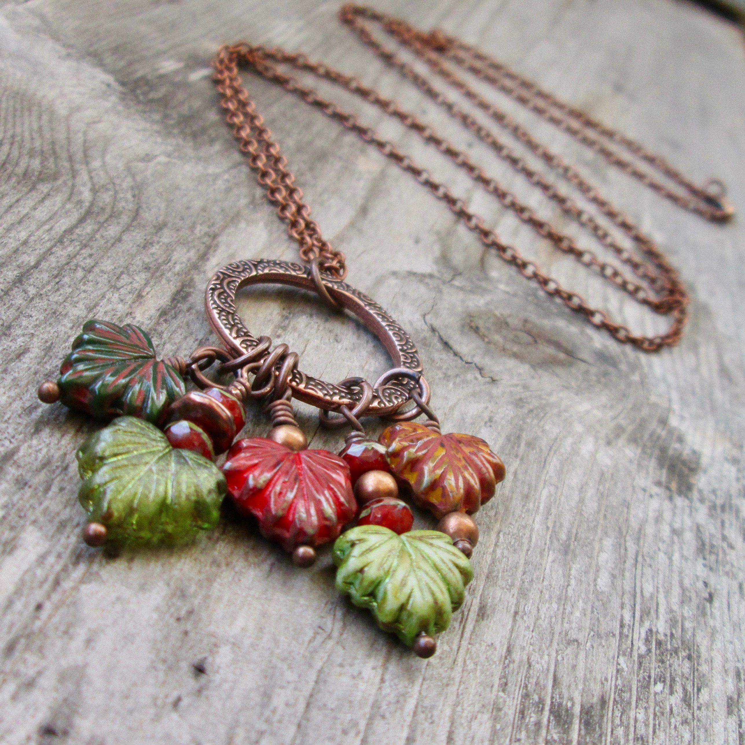 Autumn Leaf Pendant Necklace - Red, Green, Orange, Copper Chain Boho Jewelry - Rustic Fall Series