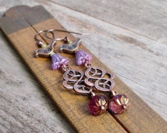 Long Boho Bird Earrings - Copper Dangle Earrings - Titanium Earrings - Gift for Her