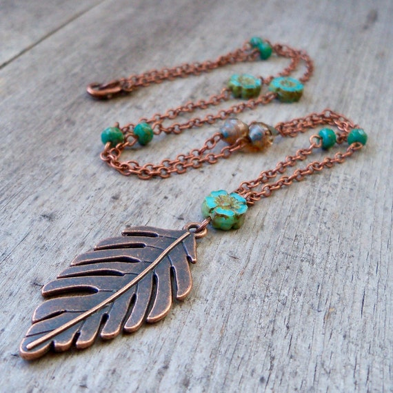 Long Copper Necklace Copper Leaf Necklace Boho Necklace | Etsy