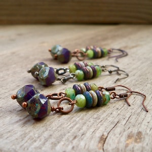 Bohemian Long Purple Czech Bead Copper Earrings - Hypoallergenic Titanium Dangle Jewelry for Women