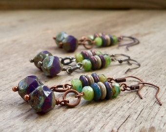 Long Purple Earrings - Copper Jewelry -  Czech Bead Earrings - Titanium Dangle Earrings - PurpleGreen19 Series