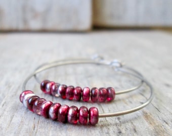 Hoop Earrings - Hypoallergenic Hoop Earrings - Titanium Earrings - Red Hoop Earrings - Earrings for Sensitive Ears - Beaded Jewelry