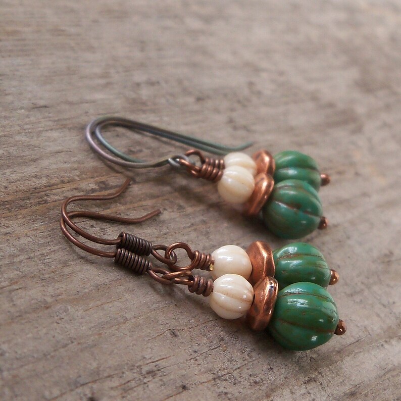 Green Dangle Earrings Gift for Her Copper Earrings Titanium Earrings Short Earrings Boho Earrings Cream and DkGreen Series18 image 5