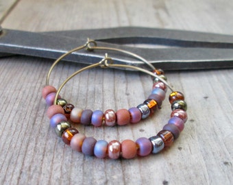 Pure Titanium Hoop Earrings - Boho Beaded Hoop Earrings - Autumn Jewelry - Gift for Mom