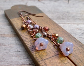 Lightweight Earrings - Delicate Earrings - Green Earrings - Copper Jewelry - Lightweight Dangle Earrings - Purple SpringMix Series