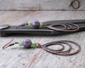 Copper Earrings - Czech Glass Bead Jewelry - Purple Earrings - Gift for Her