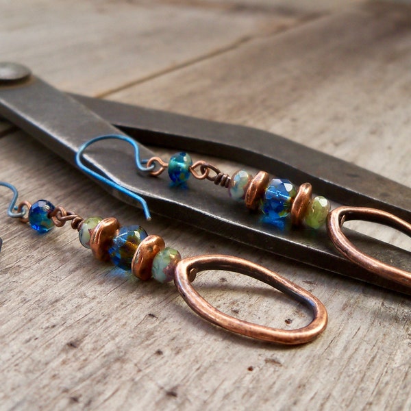 Blue Earrings - Czech Bead Copper Dangle Earrings - Long Blue Boho Earrings - Hypoallergenic Titanium Earrings