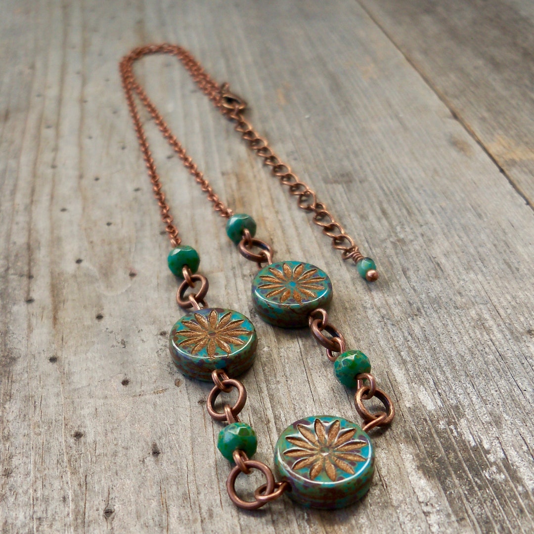 Bead Necklace Boho Jewelry Copper Necklace Czech Flower - Etsy