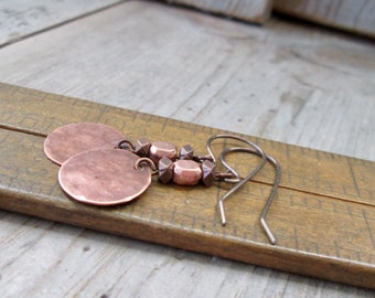 Rustic Hammered Copper Dangle Earrings - Hypoallergenic Titanium Hooks - Bohemian Minimalist Jewelry Gift