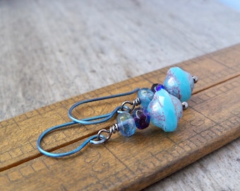 Hypoallergenic Blue Earrings - Titanium Dangle Earrings - Purple Flower Series - Gift for Wife